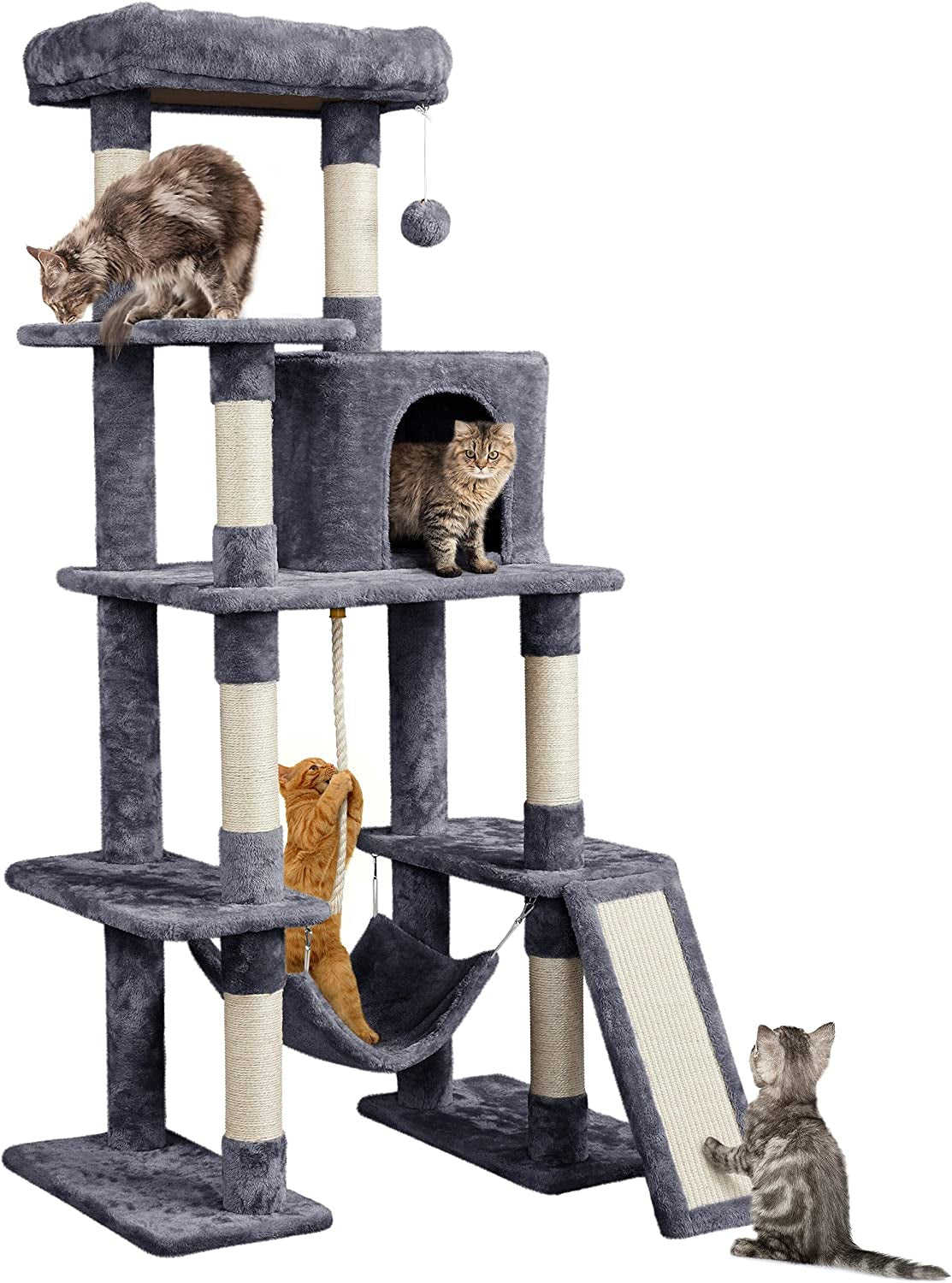 63In Large Cat Tree for Heavy Cats up to 22Lbs, Anti-Wobble Tower with Condo & Hammock, Space-Saving for Indoor Multi-Pet Households, Stops Furniture Scratching
