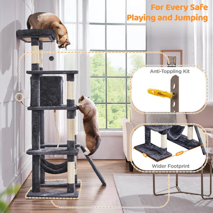 63In Large Cat Tree for Heavy Cats up to 22Lbs, Anti-Wobble Tower with Condo & Hammock, Space-Saving for Indoor Multi-Pet Households, Stops Furniture Scratching
