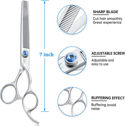 7" 50 Teeth Thinning Dog Grooming Blending Scissor, Ergonomic Pet Grooming Thinner Blender Shears Cat Trimming Texturizing Kit with Offset Handle and a Jewelled Screw 30% Thinning Rate Christmas