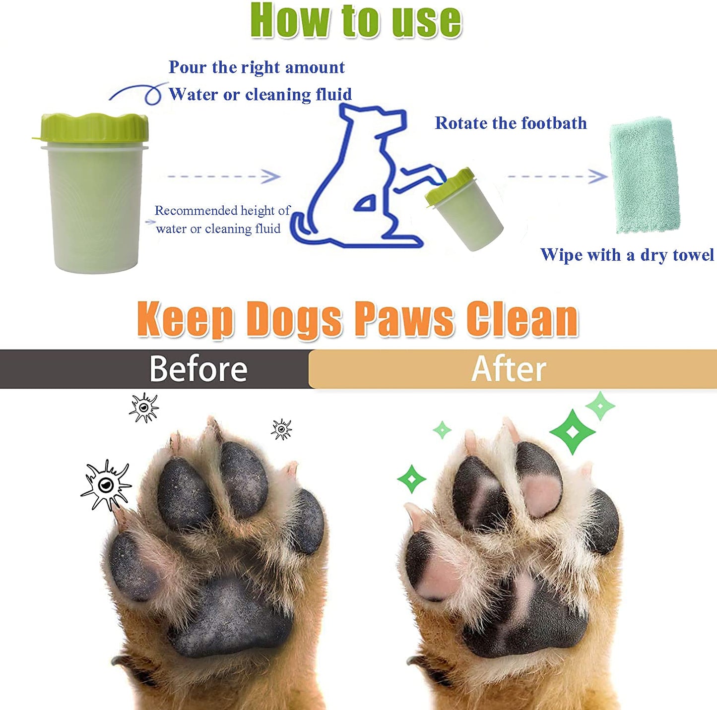 Paw Cleaner,  Dog Cleaner,Dog Paw Washer with Towel for Dogs Cats Muddy Paws(Small-Green)