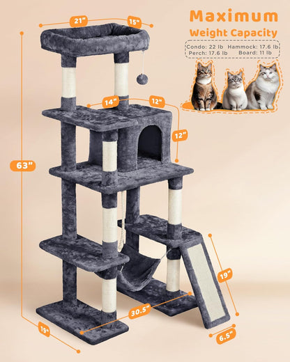 63In Large Cat Tree for Heavy Cats up to 22Lbs, Anti-Wobble Tower with Condo & Hammock, Space-Saving for Indoor Multi-Pet Households, Stops Furniture Scratching